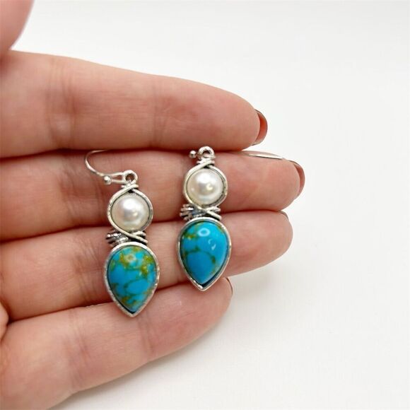 Small Dainty Faux Blue Turquoise & Faux Pearl Teardrop Dangle Earrings - Picture 2 of 8